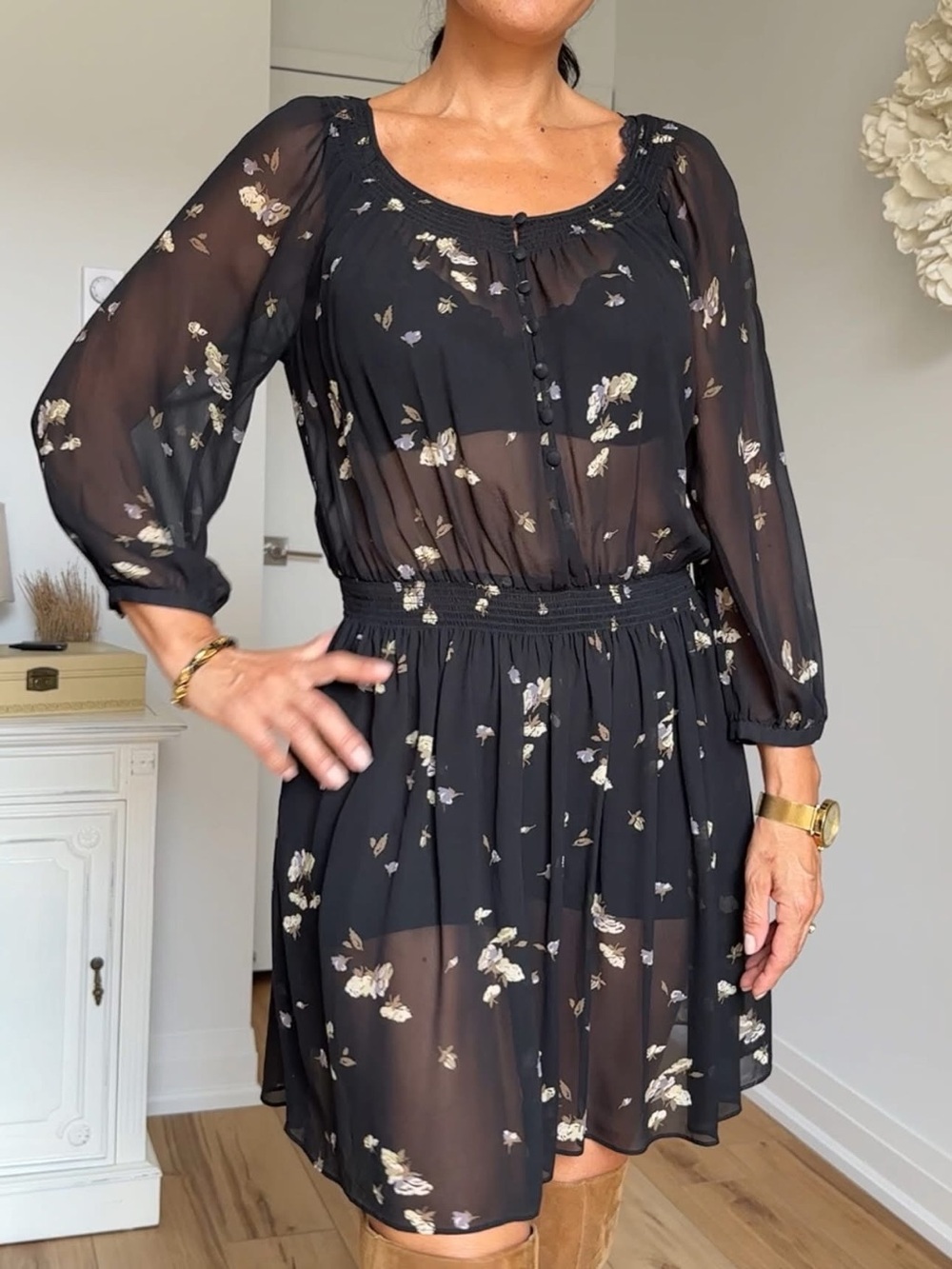 Club Monaco Black Floral 💯Silk Chiffon Mini Dress - Size 4 (Fits S/M)